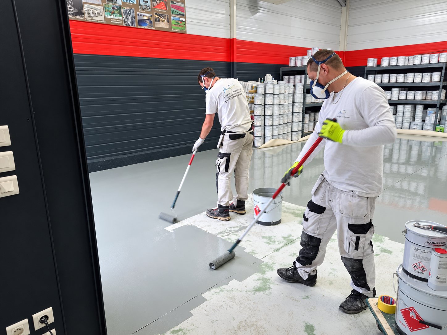 Deux ouvriers masqués appliquent au rouleau une résine grise sur le sol d'un entrepôt rempli de pots de peinture.